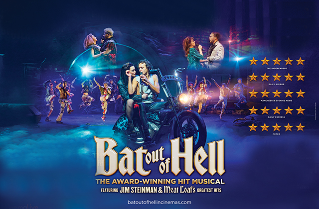 Promotional poster for the show featuring dramatic stage scenes, dancers, a motorcycle, and five-star reviews celebrating the hit production.