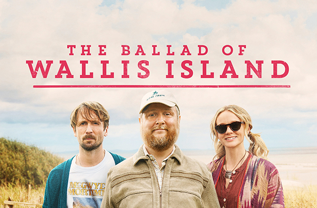Poster for The Ballad of Wallis Island. Tim Key stands front and centre, smiling, with Tom Basden holding a guitar and looking glum to his right, and Carey Mulligan wearing sun glasses and smiling to his left.