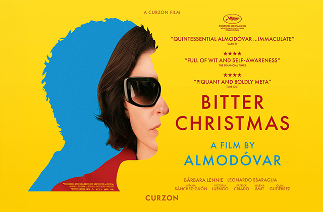 A vibrant poster for Bitter Christmas, featuring a woman in sunglasses against a bold yellow-and-blue background, with the film title and Almodóvar’s name prominently displayed.