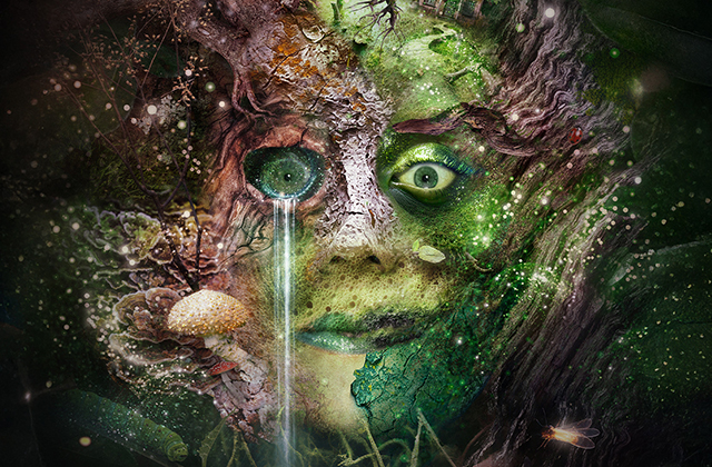 A surreal, forest-like female face formed from bark, moss and leaves, with glowing green eyes, insects and fungi embedded, evoking a mystical figure emerging from nature.