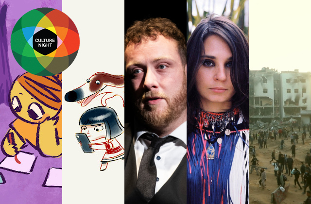Horizontal collage of five vertical panels representing Culture Night events: an illustration of a character writing, a young girl running with dogs, a man in a dark suit against a dark background, a woman in a fringed top looking forward, and a crowd gathering near damaged buildings. In the top left, a circular logo features overlapping colored circles around a black center with the text