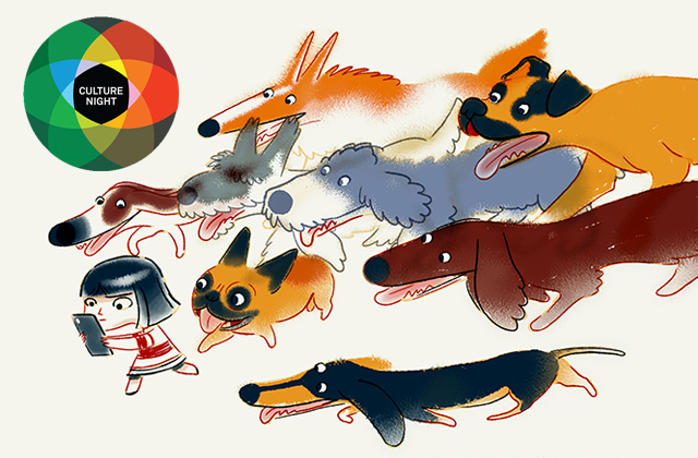 Colorful illustration of a young girl with dark hair and a bob haircut holding a smartphone while running alongside a lively pack of diverse dogs, including a dachshund, french bulldog, and terrier. In the upper left corner, a circular logo features overlapping translucent colored circles in red, blue, green, and orange, surrounding a black central circle with the text