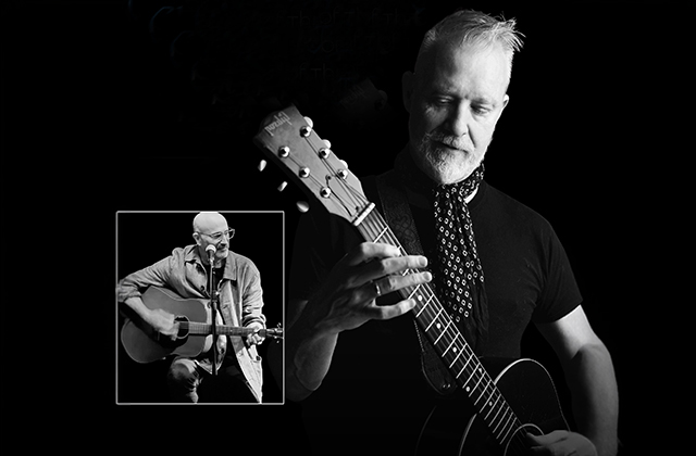Black-and-white portrait of Chris Barron holding an acoustic guitar, with an inset photo of another performing seated with an acoustic guitar and microphone