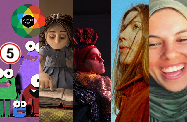 A collage of Culture Night events - left to right: a group of colourful felt characters with a 5 mile speed limit road sign behind them, a stop-motion little girl sitting on a bed pointing at a book, a production still of 'Chicken', Niamh Regan wearing a red turtle neck with her windswept red hair, and a still from the movie 'Put Your Soul on Your Hand'