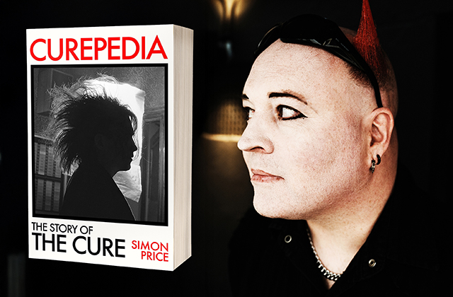 Simon Price is pictured to the right of the image, he has a black shirt on, black eyeliner and black sunglasses up on his head, he is looking over towards an image of his book, Curopedia which is pictured left.