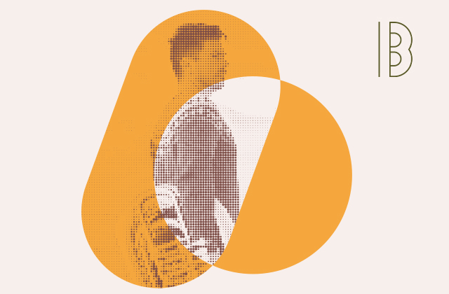 Daniel Herskedal stands on a snow covered landscape, holding a tuba. The image is stylistically dotted inside a curved orange shape.