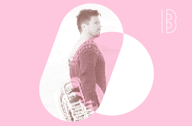 Daniel Herskedal stands on a snow covered landscape, holding a tuba. The image is stylistically dotted inside a curved pink shape.