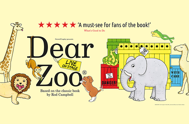 Main poster image for Dear Zoo, with a monkey, dog, elephant, and snake surrounding a collection of colourful large crates