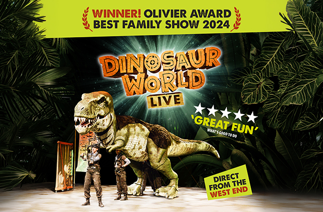 Promotional image for Dinosaur World Live stage show. A large realistic dinosaur puppet stands on a theatre stage beside two performers in safari-style costumes. Text across the image includes “Winner! Olivier Award Best Family Show 2024”, the show title “Dinosaur World Live”, a four-star review quote reading “Great Fun”, and “Direct from the West End”. Tropical jungle leaves frame the scene.