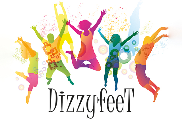 Logo for Dizzyfeet that shows colourful silhouettes of people jumping for joy