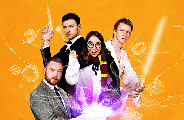 Stylised image of the members of Dreamgun - L-R Ronan Carey, Gavin Drea, Hannah Mammalis and Stephen Colfer, dressed respectively as a suave narrator, James Bond, Harry Potter and Luke Skywalker.