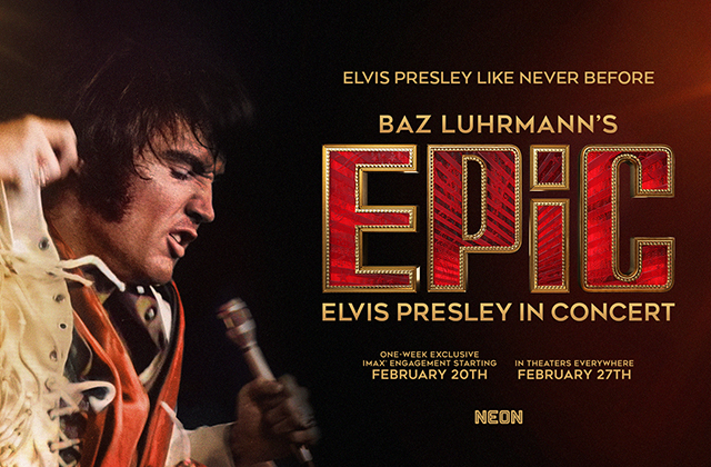 The main image for EPIC: Elvis Presley shows Elvis Presley on the left, pictured in profile wearing his trademark white suit and singing into a microphone against a black background. To the right, a large red wordmark reads “EPIC: Elvis Presley in Concert,” alongside additional information about the film.
