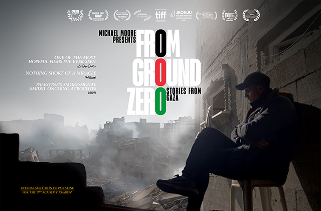 Poster for From Ground Zero. A man wearing a baseball cap, and dressed in casual clothes sits on a chair surrounded by rubble and smoke