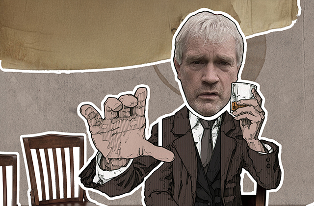 A stylised cartoon man, with a real man's face, sits on a chair with a glass of liqueur, reaching out