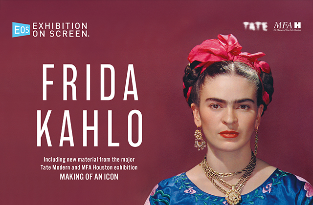 Title image for the film Frida Kahlo: Making of an Icon. Frida is pictured to the right of the image against a red background, she has a stern look on her face, she is wearing a read head scarf and a blue dress and an ornate necklace & earrings. To the left of the image is the title of the film.