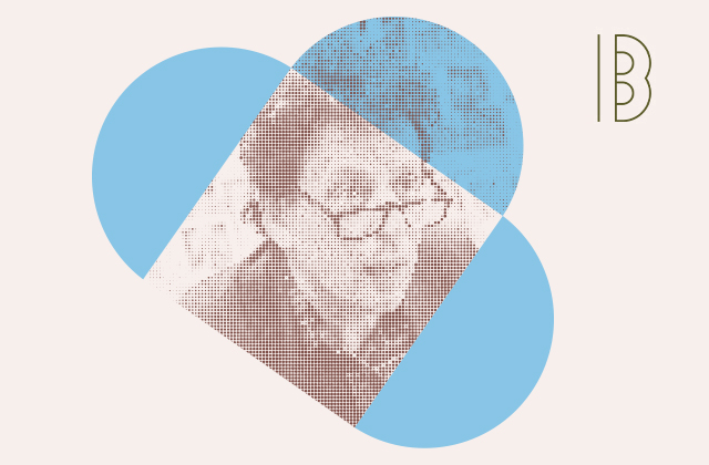 A stylised image of Philip Glass, with a blue tint