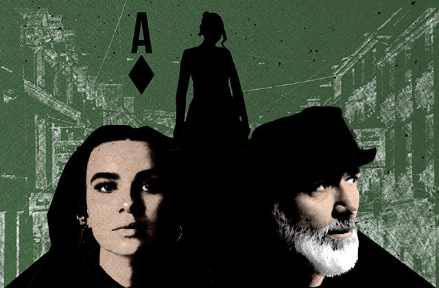 A stylized, poster-like graphic with a textured green background showing the faint outlines of buildings. In the foreground, two people are shown in high-contrast lighting: on the left is Tabitha Smyth looking directly at the viewer; on the right, Tommy Tiernan with a full white beard and a dark hat, gazing to the side. Behind them, a silhouetted figure of a woman stands at the centre, backlit and featureless. Above the silhouette is the symbol for the Ace of Diamonds