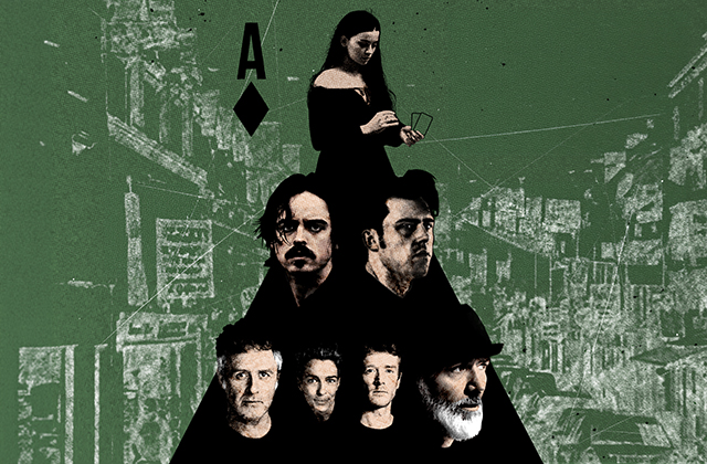 Stylised poster on a green, distressed urban background. A pyramid of dark-clad figures with serious expressions rises from shadow, topped by a woman holding playing cards, with an ace-of-diamonds symbol nearby.