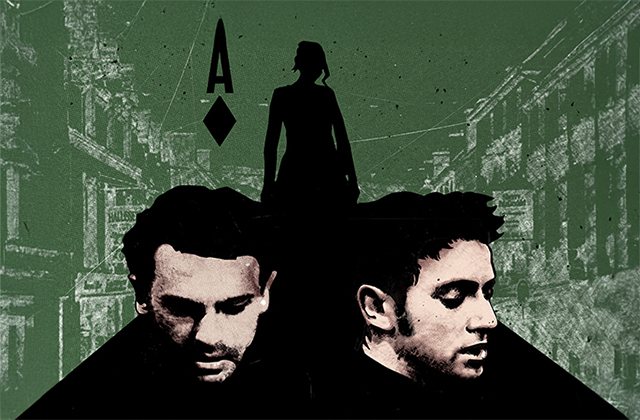 A stylised image of 2 similar looking men, one looking down, the other looking off to the right. Behind them is the silhouette of a woman in a long, black cloak.