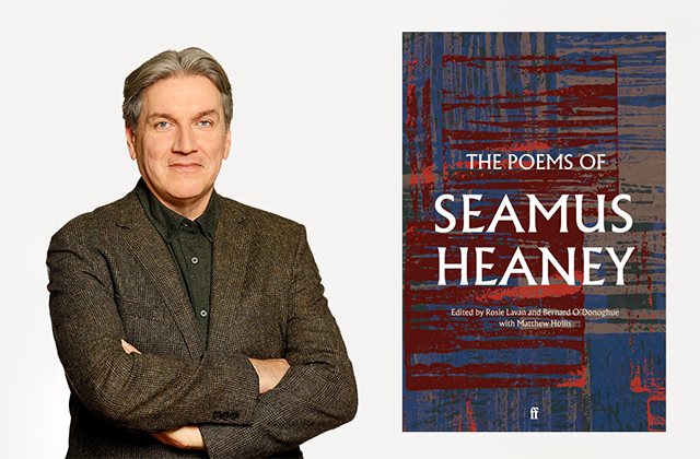 Seán Rocks with his arms crossed, smiling, next to the front cover of the The Poems of Seamus Heaney