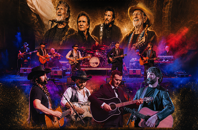 A concert-themed promotional image showing a country music band performing on stage under colourful lights. Large portraits of four singers appear above the stage, while four guitarists are featured in the foreground. The image has a dramatic orange, blue and purple colour scheme and evokes a live tribute or country music event.