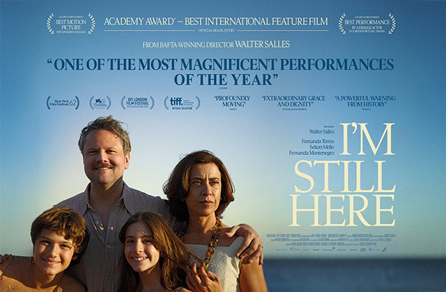 Poster for I'm Still Here. A family smiling at the beach, with the sun shining.