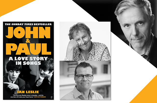 A collage of images - the book cover of John & Paul, beside black and white pictures of Tom Dunne and Paul Howard, with a portrait of Ian Leslie in the top corner