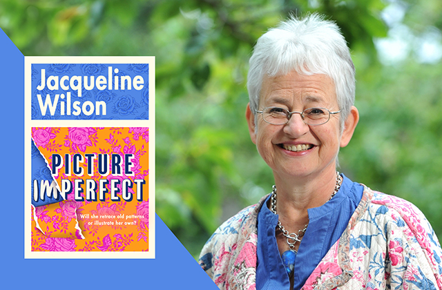 Jacqueline Wilson, smiling, alongside the front cover of her book Picture Imperfect