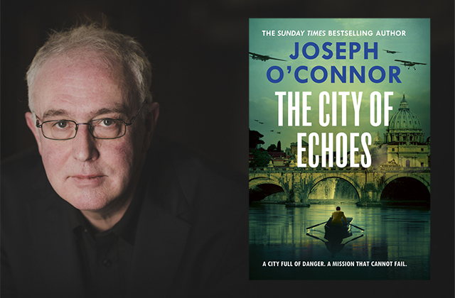 A side-by-side composite image featuring author Joseph O'Connor on the left and his book cover on the right.  On the left, a portrait shows a man with short grey hair and glasses wearing a dark shirt against a dark background. On the right, the book cover titled