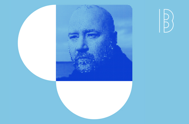 A stylised blue and white graphic featuring a halftone portrait of a bald, bearded man (Jóhann Jóhannsson) against a pale blue background. Geometric white and blue shapes frame the portrait, and a minimal white “B” logo appears on the right, representing the Between the Notes concert series.