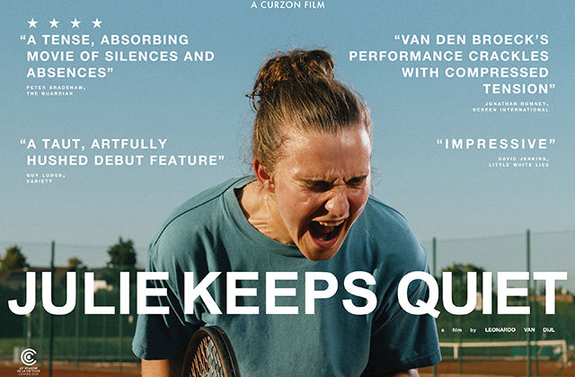Poster for Julie Keeps Quiet. A young girl, standing on a tennis court, holding a racquet, screams in anguish