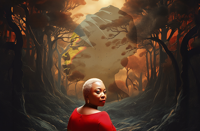 Illustration of Karen Underwood in a forest, with her back to the camera, head turned to face us, as a large outline of Nina Simone looms on the horizon.