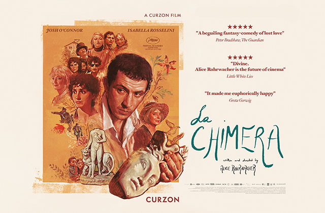 Poster for La Chimera, stylised portraits of the characters with Josh O'Connor in the centre. Pieces of classical art and statues surround them.