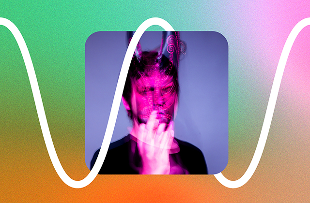 Abstract portrait artwork in neon pink and black inside a rounded square frame, overlaid with a thick white wavy line on a grainy gradient background fading from green and teal to orange and pink. The face is partially obscured by motion blur and decorative patterns, creating a surreal, futuristic feel.