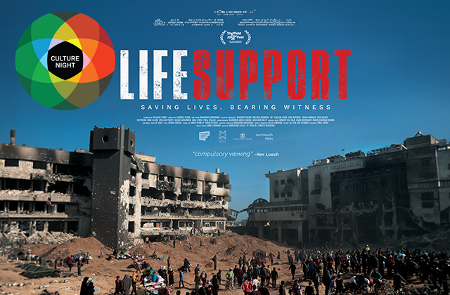 Film poster for Life Support showing heavily damaged and shelled buildings in a urban area, with a large crowd gathered on the rubble-strewn ground below a clear blue sky. Bold text reads
