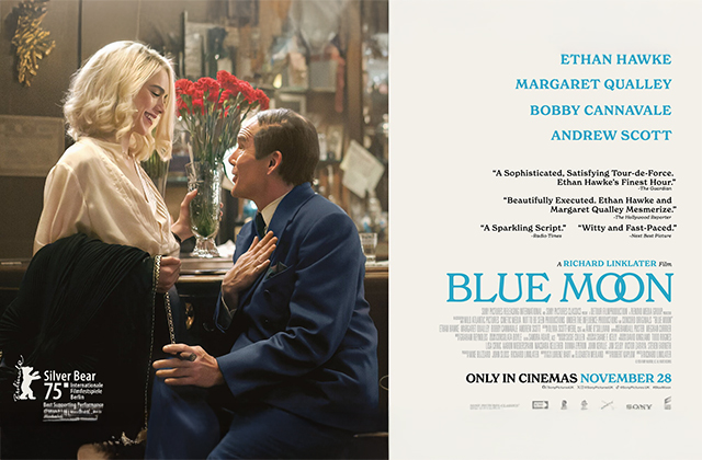 Poster for Blue Moon. Margaret Qualley stands, smiling, at Ethan Hawke sitting on a bar stool. There is a quintessential 1920s bar behind them.