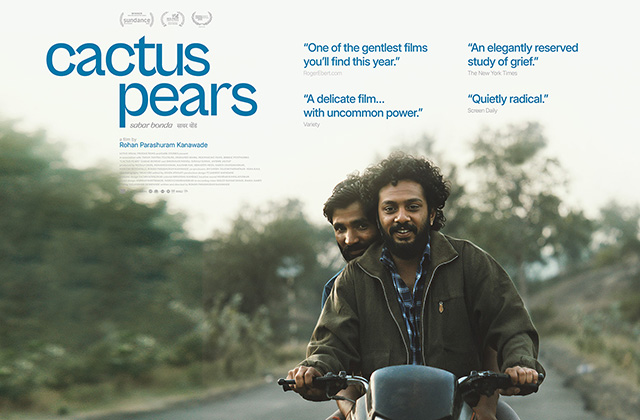 A movie poster for Cactus Pears shows two men riding a motorcycle along a quiet rural road, with the film's title and festival praise displayed against a soft, scenic backdrop.