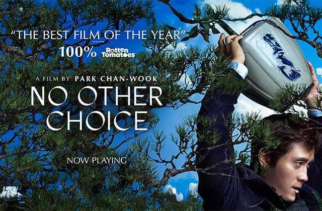 Poster for No Other Choice. Lee Byung-hun stands, dressed in a suit, holding a blue and white flower pot over his head as if he is about to hit someone with it.