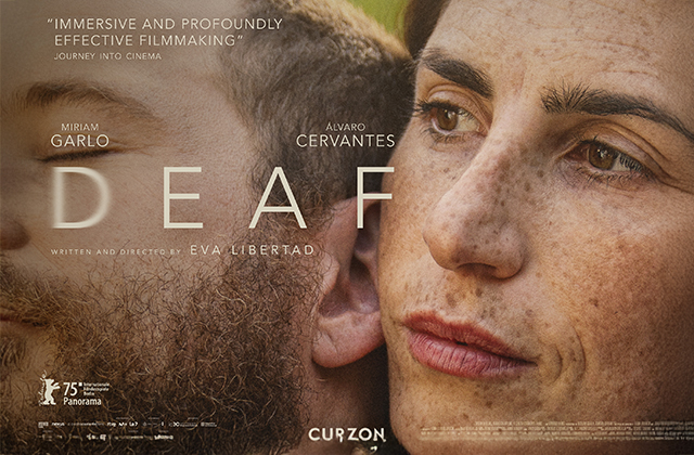 Poster for Deaf. A man, with his eyes closed, leans back against a women in an intimate moment.