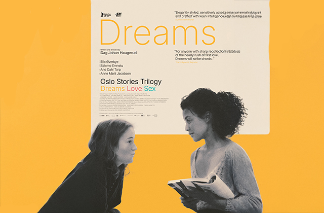 Poster for Dreams, a part of the Oslo Stories Trilogy. A young girl leans forward towards a women holding a book open, both are in black and white, with the background a warm yellow