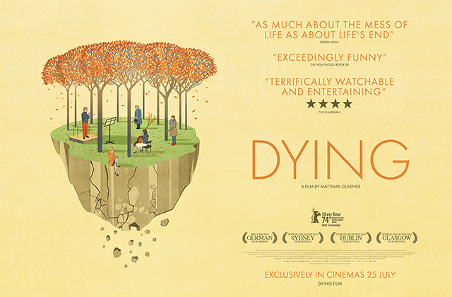 Poster for Dying. A cartoon drawing of a floating piece of Earth, with autumnal trees, and 5 figures. One conducting another playing the cello, one older lady watching, a young women holding a baby, and a blonde lady sitting on the edge of the earth
