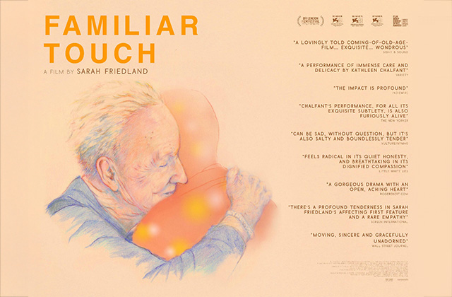 Poster for Familiar Touch, featuring an illustration of an older man embracing another person, with the film title and review quotes.