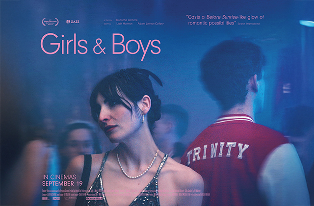 Poster for Girls & Boys. Liath Hannon, facing the camera, with Adam Lunnon-Collery, with his back to us, wearing a Trinity jacket. Blurred images of other people seem to be dancing around them.