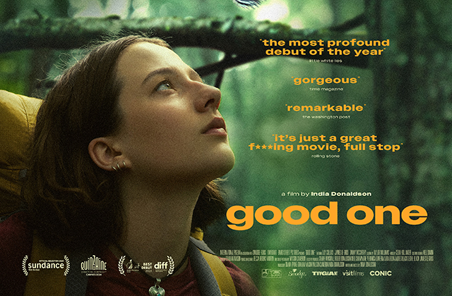 Poster for Good One. A young girl wearing a large back pack, surrounded by trees looks up wistfully