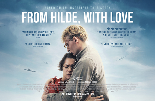 Poster for From Hilde, With Love. Two people stand embracing, with a cloudy sky behind them and planes in the distance