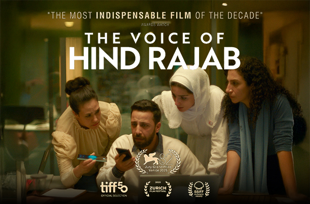Poster for The Voice of Hind Rajab. A collection of middle-eastern men and women all gathered around a mobile phone, listening intently.