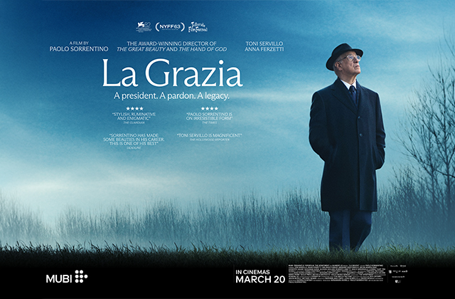 Film poster for La Grazia. A solitary older man in a dark overcoat and hat stands in a misty, grassy landscape under a pale blue sky, looking to the right. Large title text “La Grazia” is centred, with the tagline “A president. A pardon. A legacy.” Credits name Paolo Sorrentino and stars Toni Servillo and Anna Ferzetti. Release date shown at the bottom.