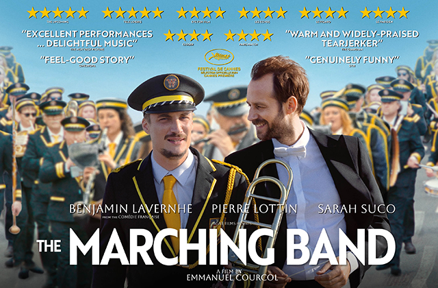 Poster for Marching Band. 2 men smiling, one wearing a band leader uniform holding a trombone, the other wearing a tuxedo. Behind are members of a marching band playing instruments