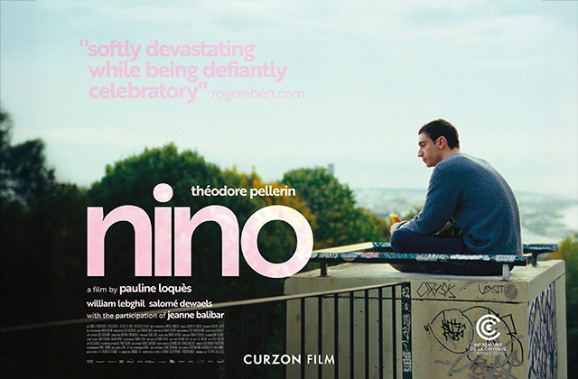 Poster for Nino, featuring a man sitting on a graffiti-covered rooftop overlooking the city, with the film title and a review quote prominently displayed.