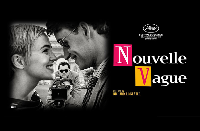 Poster for Nouvelle Vague. Zoey Deutch and Aubry Dullin, smile facing each other in the foreground, while in the background, behind a film camera Guillaume Marbeck looks at them.